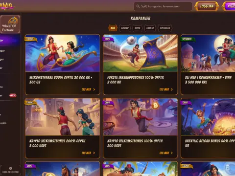 Kampanjesiden hos Alawin Casino på skjerm, med Aladdin-figurer på flygende teppe i kortene, filterknapper øverst og menyen til venstre.