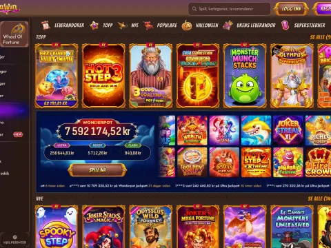 Spillobbyen hos Alawin Casino på skjerm, med rekker av spillfliser som Hot Step 3 og Monster Munch Stacks og en blå jackpotbanner i midten.