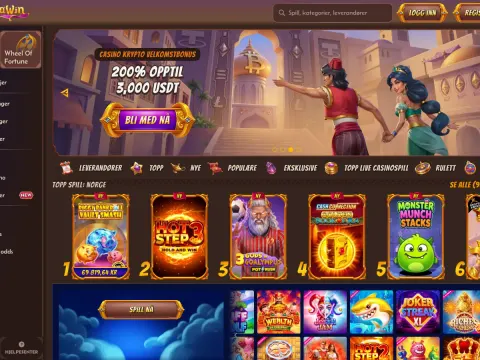 Forsiden hos Alawin Casino på skjerm, med banner der Aladdin og prinsessen går mot en by med gullkupler, og en rad toppspill under.