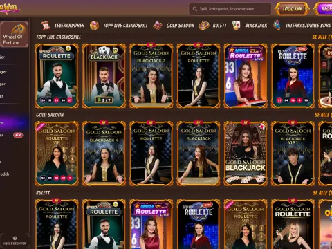 Live casino-siden hos Alawin Casino på skjerm, med rader av rulett- og blackjackbord der dealere i svart og gull står ved bordene.
