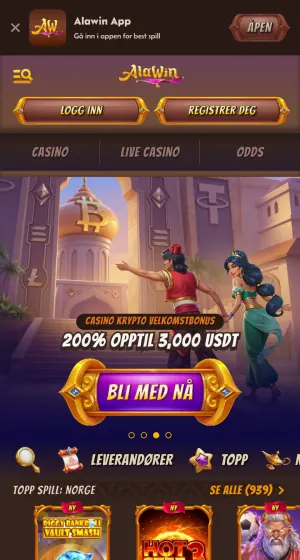 Forsiden hos Alawin Casino på mobil, med app-banner øverst, innloggingsknapper, Aladdin-banneret og en rad med toppspill nederst.