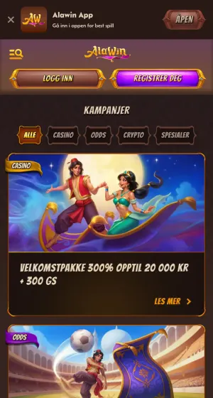 Kampanjesiden hos Alawin Casino på mobil, med filterknapper og to kort der Aladdin flyr på teppe og sparker fotball på en arena.
