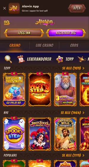 Spillsiden hos Alawin Casino på mobil, med rader for topp, nye og populære spill som Spooky Step, Joker Stacks Magic og Hot Step 2.