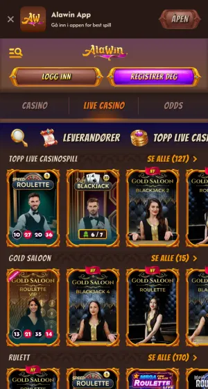 Live casino-siden hos Alawin Casino på mobil, med fliser for rulett og blackjack der dealere smiler ved mørke og gullfargede bord.