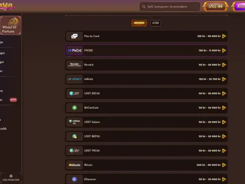 Innskuddsfanen hos Alawin Casino på skjerm, med en liste over betalingsmåter som Visa, Revolut, Mifinity, Tether, Bitcoin og Ethereum.
