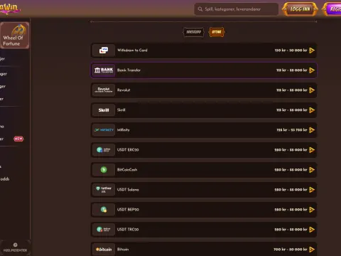 Uttaksfanen hos Alawin Casino på skjerm, med en liste over uttaksmåter som kort, bankoverføring, Revolut, Skrill, Mifinity og krypto.