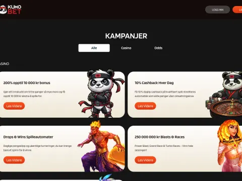Kampanjesiden hos Kumobet Casino med fanene Alle, Casino og Odds og tilbudskort med ninjapanda, ilddemon og egyptisk dronning.