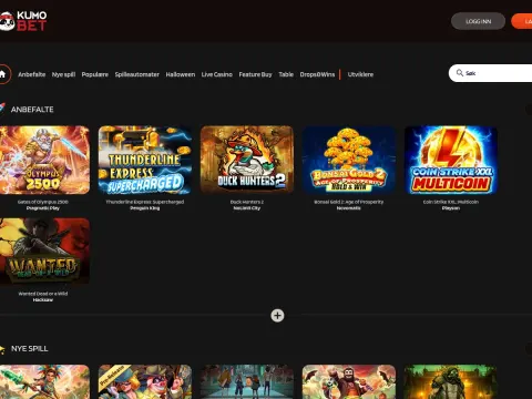 Spillobbyen hos Kumobet Casino med kategorimeny, søkefelt og anbefalte spill som Gates of Olympus 2500, Duck Hunters 2 og Wanted Dead or a Wild.