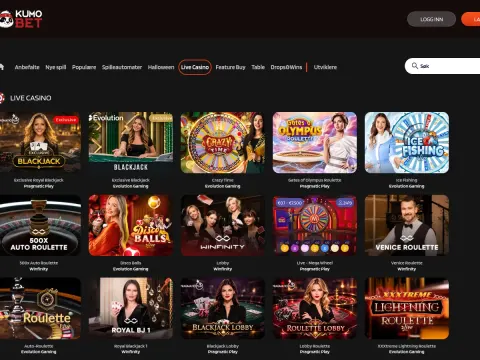 Live casino-siden hos Kumobet Casino med fliser for blackjack, roulette, Crazy Time og Mega Wheel med dealere i mørk bakgrunn.