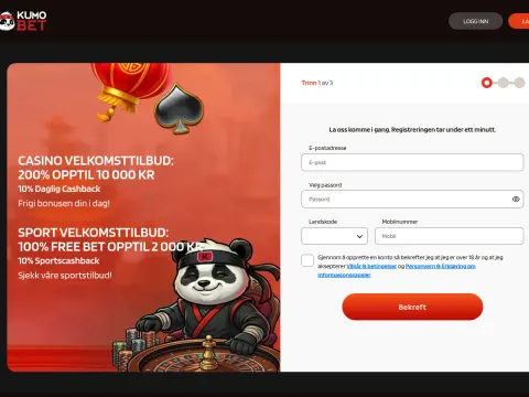 Registreringsskjemaet hos Kumobet Casino med felt for e-post, passord og mobilnummer ved siden av en rød plakat med panda ved rulettbord.