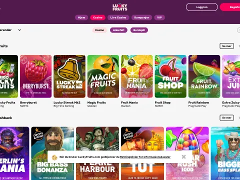 Spillobbyen hos Luckyfruits Casino på desktop, med en rad fruktspill som Berryburst og Fruit Shop og en rad med Big Bass Bonanza og Merlin's Mania.