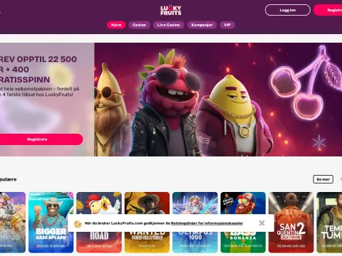 Forsiden til Luckyfruits Casino på desktop, med et banner der en bringebær-, banan- og sitronfigur i solbriller står foran neonkirsebær, og rad med.
