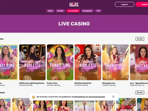 Live casino-siden hos Luckyfruits Casino på desktop, med lilla banner og fliser for Crazy Time, Lightning Roulette, Funky Time og Monopoly Live med.