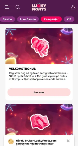 Kampanjesiden hos Luckyfruits Casino på mobil, med et kort for velkomstbonus med rosa gaveeske og et kort med pengebunke på rød bakgrunn, og en.