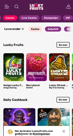 Spillsiden hos Luckyfruits Casino på mobil, med leverandørfilter og fliser for Amigo Lucky Fruits, Berryburst og Lucky Streak Mk2 over en rad med.
