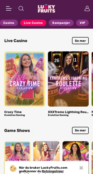 Live casino hos Luckyfruits Casino på mobil, med store fliser for Crazy Time og XXXTreme Lightning Roulette med verter, og en rad med game shows.