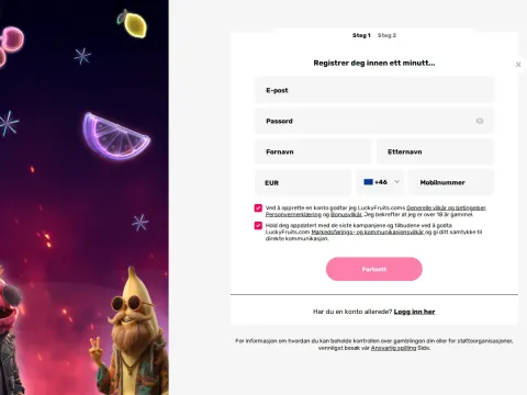 Registreringsskjemaet hos Luckyfruits Casino på desktop, med felt for e-post, passord, navn, valuta og mobilnummer ved siden av neonfrukter og en.