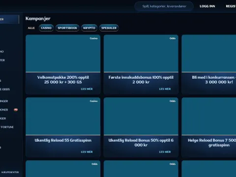 Kampanjesiden hos Millioner Casino på desktop, med filterknapper og et rutenett av blå kampanjekort uten bilder, ved siden av en mørk meny.