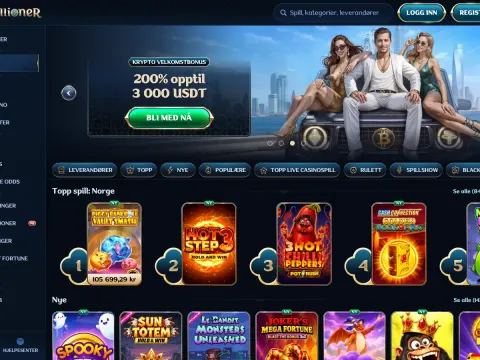 Forsiden til Millioner Casino på desktop, med et banner som viser tre personer på en bil, kategoriknapper og rader med spill som Hot Step 3.