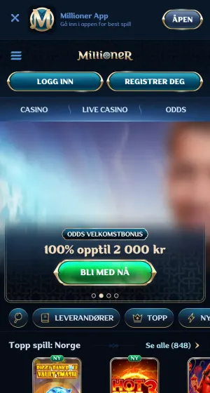 Forsiden til Millioner Casino på mobil, med app-banner øverst, innloggingsknapper, et uskarpt kampanjebanner og toppspill som Hot Step 3.