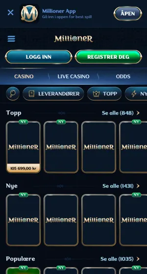 Spilloversikten hos Millioner Casino på mobil, der de fleste spillkortene bare viser logoen mens de laster, foruten 40 Mega Hotfire.
