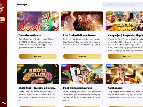 Kampanjesiden hos Shotz Casino med seks kort for velkomstbonus, live casino, Drops and Wins, Shotz Club og odds, med rød meny til venstre.