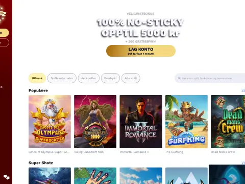 Forsiden til Shotz Casino med velkomstbanner, rød sidemeny og populære spill som Gates of Olympus, Viking Runecraft 1000 og Immortal Romance II.