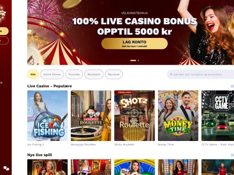 Live casino-siden hos Shotz Casino med et rødt banner med en jublende kvinne og fyrverkeri, og spill som Ice Fishing X, Monopoly Roulette og Shotz.