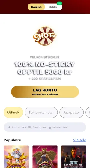 Forsiden til Shotz Casino på mobil med logo, velkomstbanner, knapp for å lage konto og populære spill som Gates of Olympus og Immortal Romance II.