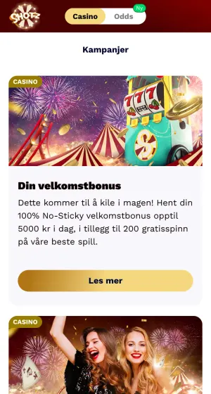 Kampanjesiden til Shotz Casino på mobil med kort for velkomstbonus med spilleautomat og fyrverkeri, og live casino-bonus med to jublende kvinner.