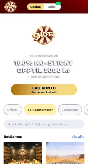 Spilleautomater hos Shotz Casino på mobil med logo, velkomstbanner, søkefelt og BetGames-raden med Gold Raid og Bad Rhinos.