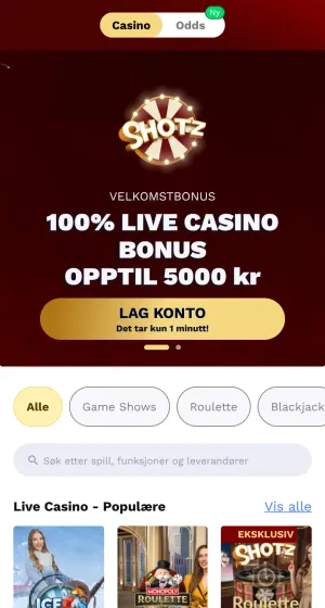 Live casino hos Shotz Casino på mobil med rødt banner, kategorier som Game Shows og Roulette, og spillene Ice Fishing X, Monopoly Roulette og Shotz.