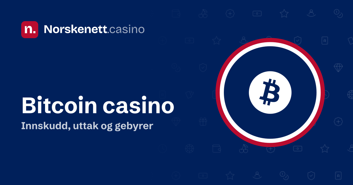 Bitcoin casino: banner fra Norskenett.casino med Bitcoin-logoen i en rød, hvit og blå ring og teksten «Innskudd, uttak og gebyrer»