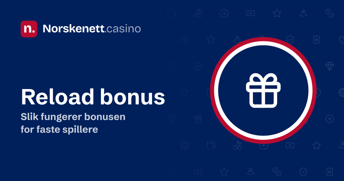Reload bonus: banner fra Norskenett.casino med en gaveeske i en rød, hvit og blå ring og teksten «Slik fungerer bonusen for faste spillere»