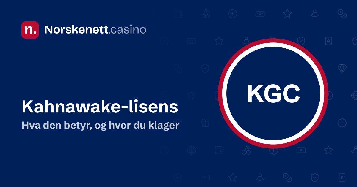 Kahnawake-lisens: banner fra Norskenett.casino med bokstavene KGC i en rød, hvit og blå ring og teksten «Hva den betyr, og hvor du klager»