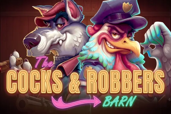 En ulv med sigar og en hane i politilue poserer side om side under neonlogoen til Cocks & Robbers (Red Tiger Gaming).