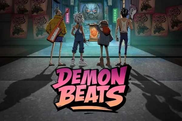 Fire bandmedlemmer med instrumenter sett bakfra i en neonopplyst gate med demonmaske, over tittelen Demon Beats (NetEnt).