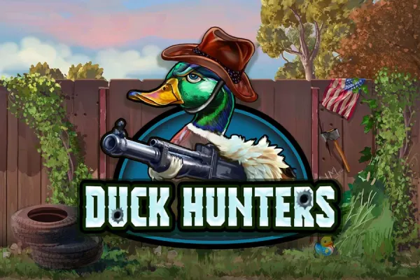 Duck Hunters (Nolimit City): en stokkand med cowboyhatt og hagle foran et tregjerde med amerikansk flagg, dekk og en gul badeand.