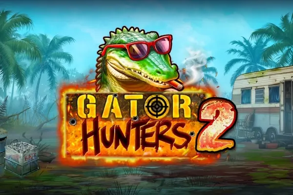 Alligator med solbriller og sigar over et flammende skilt for Gator Hunters 2 (Nolimit City), med palmer og en campingvogn bak.