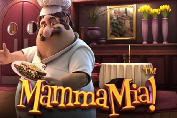 Mamma Mia (Betsoft): en smilende kokk med hvit kokkelue holder et fat med mat i en restaurant med dekket bord og gule tulipaner.