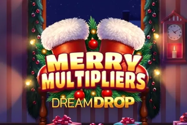Logoen til Merry Multipliers Dream Drop (Relax Gaming) foran to røde nisseluer, gran med kuler, et vindu og en veggklokke med lys.