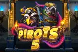 Pirots 5 (Elk Studios) viser to piratpapegøyer med sabel og sigar omslynget av en lilla tentakel i et egyptisk tempel med fakler.