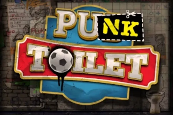 Punk Toilet (Nolimit City): spilltittel i gult og rødt med en fotball foran en tagget flisvegg og et toalett i hjørnet.