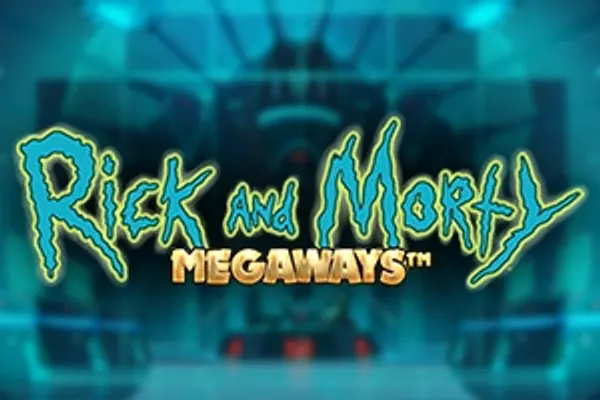 Grønn, dryppende logo for Rick and Morty Megaways (Blueprint Gaming) foran en uskarp, blågrønn portal i et laboratorium.