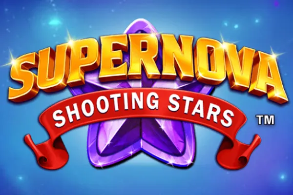 Gyllen logo for Supernova Shooting Stars (Hacksaw Gaming) med rødt bånd over en lilla stjerne på blå stjernehimmel.