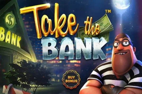 Take The Bank (Betsoft): en gliseande raner i stripete genser og maske står ved en bank om natten, med en pengebunt bak tittelen.
