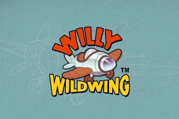 Et lite tegnet propellfly i brunt og hvitt midt i logoen til Willy Wildwing (Hacksaw Gaming), mot en blågrønn bakgrunn med skisser av fly.