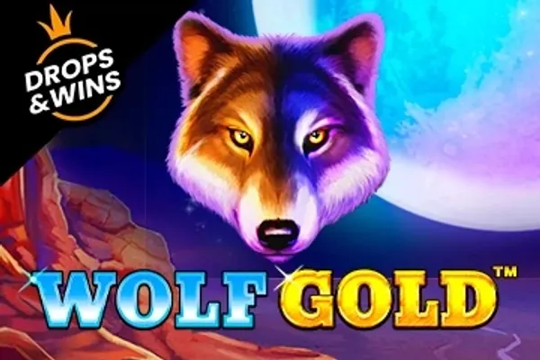 Et ulvehode i oransje og lilla foran en fullmåne over røde klipper i Wolf Gold (Pragmatic Play), med tittel i blått og gull.