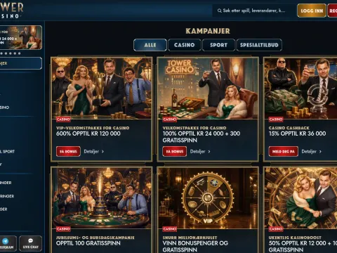 Kampanjesiden hos TowerCasino med seks kampanjekort som viser menn i dress og en kvinne i grønn kjole på mørkeblå bakgrunn.
