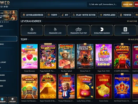 Spillobbyen hos TowerCasino med leverandørknapper og spillfliser som Sweet Bonanza, Big Bass Splash og Money Train 5.